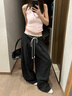 AAISUP假兩件蕾絲拼接雙腰頭休閑褲女2025年春秋寬松垂感顯瘦百搭闊腿褲 黑色 S 曬單實拍圖