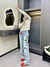 FSHE刺繡直筒闊腿牛仔褲女春夏2025年春夏新款淺色高腰設(shè)計感加絨褲子 淺藍(lán)色【長褲】 S 曬單實拍圖