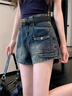 衣然呈品美式復古工裝做舊牛仔短褲女夏季薄款寬松高腰闊腿時(shí)尚a字熱褲女 深藍色 S 【建議80-90斤】 曬單實(shí)拍圖