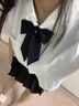 斤慕白色收腰短袖襯衫女襯衣百褶裙套裝jk制服學(xué)院風(fēng)學(xué)生2025夏季新款 白襯衫+黑褶裙+黑領(lǐng)飄 M 建議90-100斤左右 曬單實(shí)拍圖