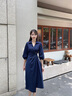香影掐腰襯衫連衣裙女2025秋季新款燈籠袖圍裹式藏青色v字翻領(lǐng)裙 藏青 S 曬單實(shí)拍圖