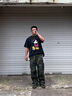 定制美式高街Gallery Dept綠迷彩潑墨拼接喇叭工裝褲微喇拼接休閑長褲 綠色 均碼 XL 曬單實(shí)拍圖