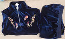 緹米媗中老年女裝秋裝休閑套裝媽媽裝春秋運動(dòng)服金絲絨時(shí)尚拼接三件套 孔雀藍（213088三件套） 2XL 建議穿118-130斤 曬單實(shí)拍圖