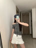 小野七天綁帶斜肩短袖T恤女2025夏季新款設計感辣妹修身氣質(zhì)短款露肩上衣 黑灰條紋 帶單邊綁帶 M 建議體重85-100斤 曬單實(shí)拍圖