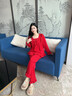黛姿馨睡衣結婚新婚情侶套裝紅色春秋款純棉秋冬款顏睡衣情侶裝一男一女 YTF:88088【無(wú)禮盒】紅色英文熊 M 女+男L 曬單實(shí)拍圖