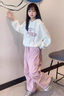 小咕嘟熊女童套裝春秋2025新款洋氣中大兒童時髦連帽衛(wèi)衣秋季工裝褲兩件套 粉色 130 曬單實拍圖