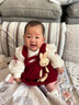 G.DUCKKIDS小黃鴨女童套裝春秋款連衣裙周歲女寶寶公主裙禮服兒童秋冬兩件套 紅色春秋套裝（花朵款夾子） 90 尺碼1~2歲【 80-90cm】 曬單實(shí)拍圖