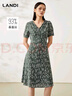 藍地（LANDI）夏季新款豆沙綠法式碎花中長(cháng)款連衣裙女短袖長(cháng)裙 豆沙綠 L 曬單實(shí)拍圖