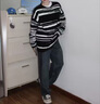 OLJ輕奢品牌男裝牛仔褲男秋冬季美式復古高街松緊腰拼接寬松直筒闊腿 復古藍 M [體重110-125斤] 曬單實(shí)拍圖