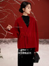 三彩【紅梅映雪】2025冬季新款雙面呢短大衣盤(pán)扣綿羊毛呢外套C 車(chē)厘子紅 S 155/80A 曬單實(shí)拍圖