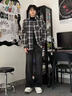 雄俑黑白格子長(cháng)袖襯衫男感痞帥ootd穿搭美式復古cleanfit格紋外套 黑色 XL 曬單實(shí)拍圖