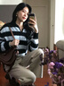 對白慵懶風寬松翻領條紋毛衣女2025秋季新款綿羊毛軟糯休閑針織衫  黑藍條紋 【預售付款后15天發(fā)貨】 S 曬單實拍圖