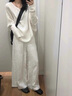 艾珠兒（Aizhuer）休閑褲女秋季韓系穿搭一套裝奶fufu白色長(cháng)袖針織衫闊腿褲兩件套 白色針織衫+闊腿褲 M 曬單實(shí)拍圖