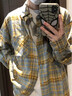 畫(huà)枕眠春秋美式復古磨毛格子襯衫男感慵懶風(fēng)痞帥內搭長(cháng)袖襯衣外套上衣服 黃色 L 曬單實(shí)拍圖
