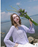 秋水伊人圓領(lǐng)針織衫春秋新款女鏤空喇叭袖短款小個(gè)子別致毛衣 紫色  M 曬單實(shí)拍圖