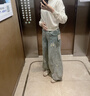 昂馳賓堡美式高街拼接破洞牛仔褲男女秋季潮牌設計感拖地彎刀褲闊腿長(cháng)褲 淺藍色 L 推薦體重110-130斤 曬單實(shí)拍圖