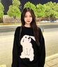 妃?，幮蓍e褲女裝套裝2025秋冬新款韓系可愛(ài)減齡軟糯慵懶風(fēng)顯瘦闊腿褲子黑色毛衣+牛仔褲子M 曬單實(shí)拍圖