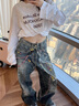昂馳賓堡牛仔褲男女款美式高街2025秋復古糖果鏈條褲寬松印花彎刀型休閑褲 洗水藍 XL 【推薦體重130-150斤】 曬單實(shí)拍圖