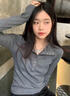 翻領(lǐng)設計感打底衫長(cháng)袖t恤女春秋小個(gè)子內搭外穿短款修身早秋上衣 深灰色 S 【80-90斤】 曬單實(shí)拍圖