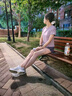 百思絨專業(yè)跑步運(yùn)動(dòng)套裝女防走光夏季透氣瑜伽服粉紫上衣+紫短褲 M 曬單實(shí)拍圖