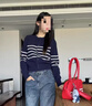 皓娥條紋針織開(kāi)衫外套女法式復古學(xué)院風(fēng)設計感洋氣毛衣外搭撞色上衣 藏青色均碼 曬單實(shí)拍圖