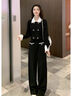 薩拉維夫（SLLAVIF）品牌黑色小香風(fēng)套裝女2025新款顯瘦減齡感休閑運動(dòng)闊腿褲兩件套秋 黑色套裝 S 曬單實(shí)拍圖