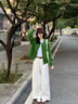 鹿依檸休閑褲女秋冬季2025新款女裝韓版時(shí)尚百搭減齡軟糯顯瘦闊腿褲套裝 綠色開(kāi)衫+白色褲子 M 曬單實(shí)拍圖