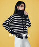Basic House/百家好翻領(lǐng)雙頭拉鏈毛衣冬加厚時(shí)尚小狗刺繡開(kāi)衫外套 藏青條紋 M 曬單實(shí)拍圖