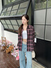 名創(chuàng)優(yōu)品（MINISO）長袖襯衫女慵懶風(fēng)寬松落肩休閑秋季chic復(fù)古格紋襯衣潮流翻領(lǐng)外套 粉黑格 L /165(體重115-130斤) 曬單實拍圖