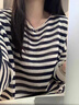 森馬（Semir）chic韓系條紋冰絲針織長(cháng)袖t恤防曬罩衫女夏季外搭薄紗上衣空調衫 藏青條紋版 S 建議40-50公斤 曬單實(shí)拍圖