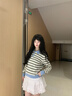 MMLG半開(kāi)拉鏈polo領(lǐng)毛衣女2025早秋新款復古元氣撞色條紋上衣針織衫女 藍咖條 S 曬單實(shí)拍圖