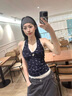 碎花掛脖吊帶背心女夏季2025新款修身設(shè)計感小眾蕾絲露背小上衣 藏藍(lán)色 L 曬單實(shí)拍圖
