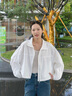 森馬（Semir）外套女秋短款蕾絲寬松蝙蝠袖棉麻立領(lǐng)2025新款甜美小清新夾克 本白10102 S 曬單實(shí)拍圖