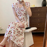伊芙麗V領(lǐng)高腰線(xiàn)設計長(cháng)款碎花連衣裙女2025夏季新款氣質(zhì)茶歇裙子 米白 S 曬單實(shí)拍圖