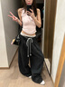 AAISUP假兩件蕾絲拼接雙腰頭休閑褲女2025年春秋寬松垂感顯瘦百搭闊腿褲 黑色 S 曬單實拍圖