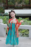 貝優(yōu)可古月家.花想容 漢服女童春秋兒童中國(guó)風(fēng)中秋古裝仙氣表演服連衣裙 上紅下藍(lán) 含披帛（袖子無(wú)珍珠） 165 曬單實(shí)拍圖