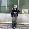 小野七天褲子女復古藍毛邊微喇牛仔褲微胖大碼女裝秋款高腰顯瘦百搭牛仔褲 普魯士藍 M 曬單實(shí)拍圖