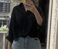UR2025春季新款女裝輕通勤褶皺超寬松長袖罩衫襯衫UWM250014 正黑 (偏寬松) S (XS-S) 曬單實拍圖