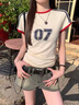 森馬（Semir）撞色美式杠條印花正肩短袖T恤女夏季設計感小眾辣妹修身短款上衣 杏色 M 曬單實(shí)拍圖