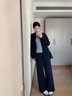 拉夏貝爾奧粒絨休閑直筒褲女秋冬加厚高腰顯瘦一褲兩穿闊腿褲 藏藍色 S 曬單實(shí)拍圖