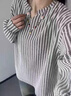 瀟圖達人小香風(fēng)v領(lǐng)長(cháng)袖t恤男秋季黑白拼色條紋打底衫松弛感寬松情侶上衣 白色 XL 曬單實(shí)拍圖