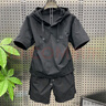 羅蒙（ROMON）夏季輕薄透氣純色簡(jiǎn)約休閑連帽寬松兩件套潮流男士套裝短袖短褲 黑色【套裝】 M 100-130斤 曬單實(shí)拍圖
