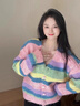 CS.LION彩虹條紋多巴胺毛衣外套女裝秋冬季韓版寬松針織衫軟糯設計感上衣 彩虹條紋 M 建議95-110斤 曬單實(shí)拍圖