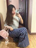 燦圖韓系潮流格子闊腿休閑褲女夏季新款高腰顯瘦小個(gè)子寬松垂感直筒褲 藏青色 L 【建議110-120斤】 曬單實(shí)拍圖