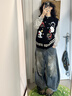 F426國潮牌秋季新款美式復古顯瘦刺繡小狗針織馬甲毛衣 黑色 M 曬單實(shí)拍圖