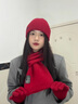 玖慕（JIUMU）紅色圍巾女冬保暖中國紅純羊毛帽子手套三件套本命年生日禮物海棠紅-精致禮盒裝 曬單實(shí)拍圖