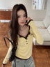 LDBE撞色假兩件長(cháng)袖t恤女春秋韓系chic修身顯瘦設計感獨特打底衫上衣 黃色 S 【90斤內】 曬單實(shí)拍圖