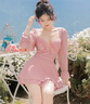 柯帛性感泳衣女大碼遮肚顯瘦泡溫泉長(cháng)袖胖mm韓國ins風(fēng)小胸聚攏 粉色 2XL 曬單實(shí)拍圖