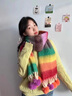 TUTORGOOSE秋冬新款正品彩虹條紋圍巾女冬季保暖真兔毛毛球披肩生日禮物 彩虹色 曬單實(shí)拍圖