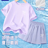 唐獅童裝女童夏裝套裝2025新款兒童涼感運動(dòng)短褲女孩薄款網(wǎng)眼速干短袖衣服 【兩件裝】紫+紫/白繩蝴蝶結 130 曬單實(shí)拍圖